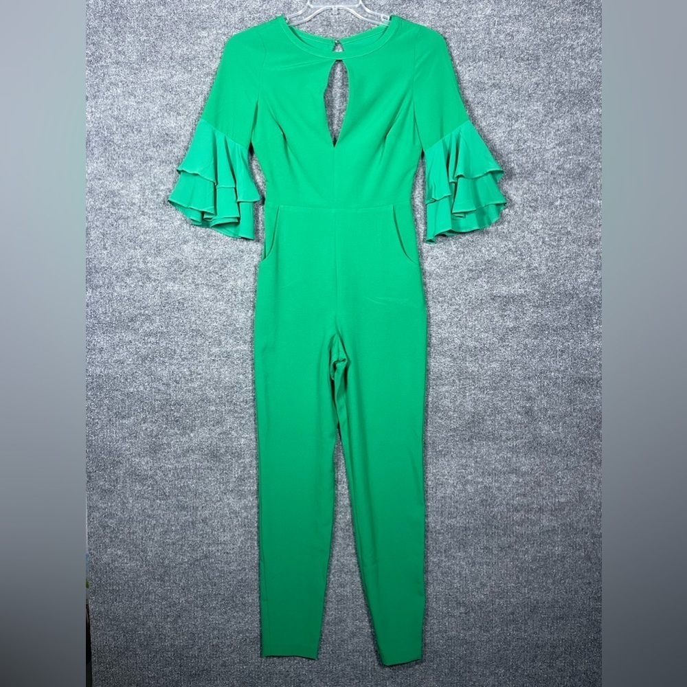 NWT Bebe SZ 0 Kelly Green Nora Jumper Festive Cut Out Tiered Bell Sleeve Pockets